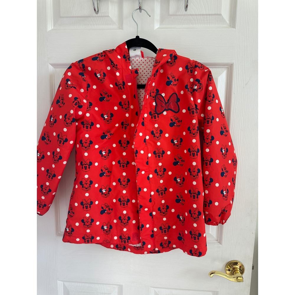 Disney Store Minnie Mouse Packable Rain Jacket Girls 9/10 Red Polka Dot Hood EUC